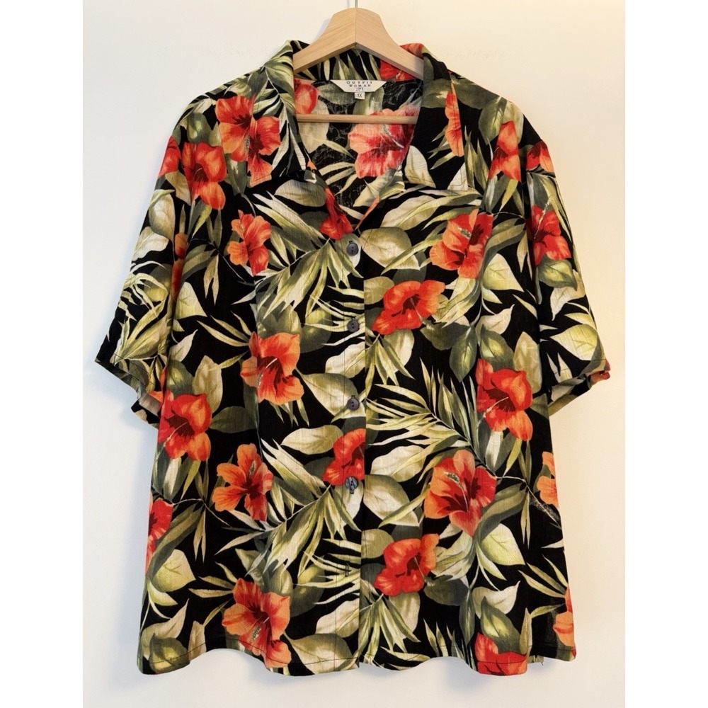 Outfit Woman JPR Floral Black Rayon Blouse Shirt 1X Tropical Resort Made in USA